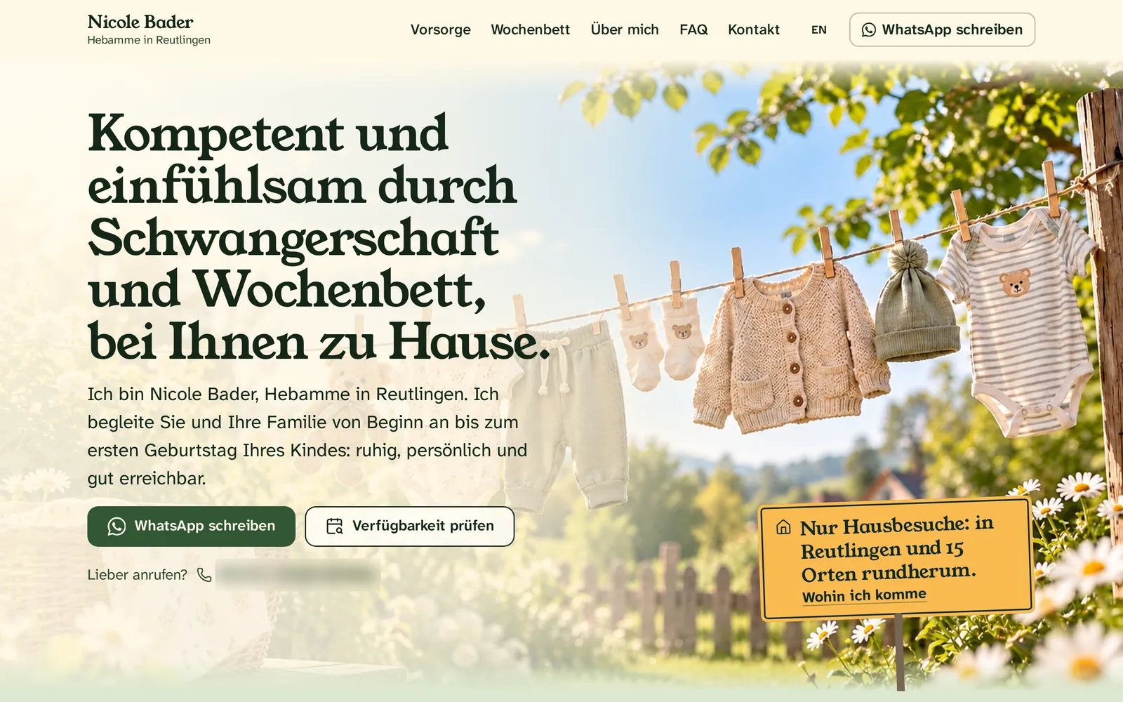 After: new home page of Nicole Bader on desktop, with a large heading, a WhatsApp button and a note about home visits